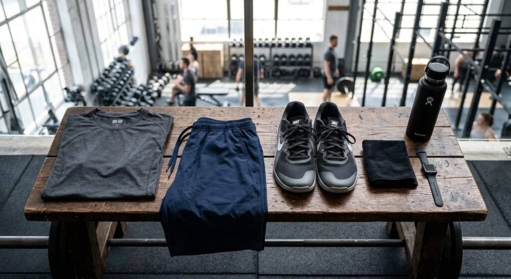 ジムでの正しい服装の例。動きやすいトレーニングウェアと平らな底のシューズ。