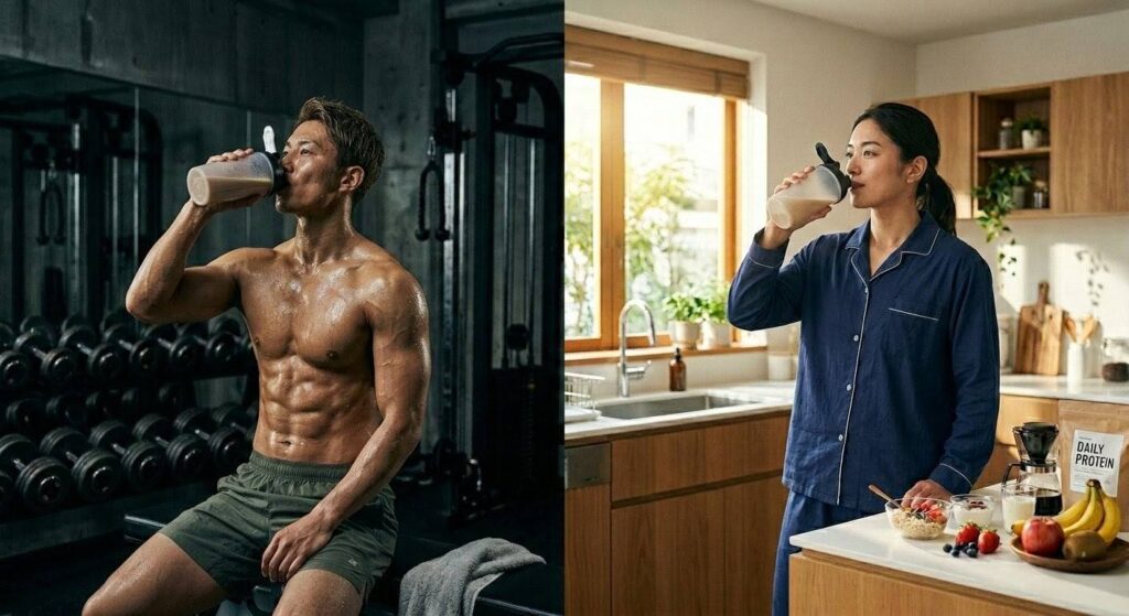 プロテインを飲むべき2つのタイミング（運動後と朝）の比較画像