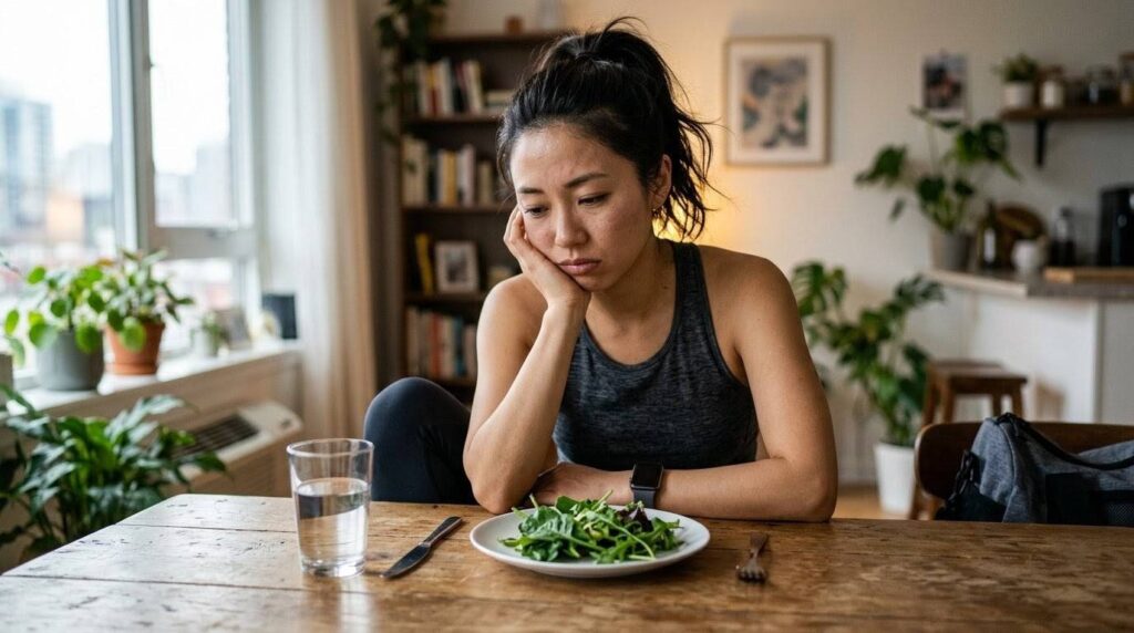 極端なカロリー制限でタンパク質が不足し、疲れた表情で野菜だけの食事を見つめる女性。筋肉が落ちて基礎代謝が下がっている停滞期のイメージ。