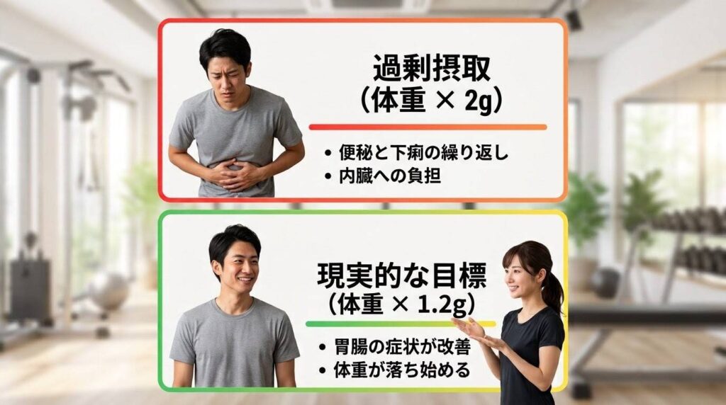体重×2gで胃腸を壊した日本人男性と、体重×1.2gの指導で健康になった様子の対比図解