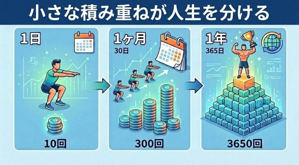 「小さな積み重ねが人生を分ける」というタイトルで、1日10回のスクワットが1ヶ月で300回、1年で3650回になる様子を比較したインフォグラフィック。