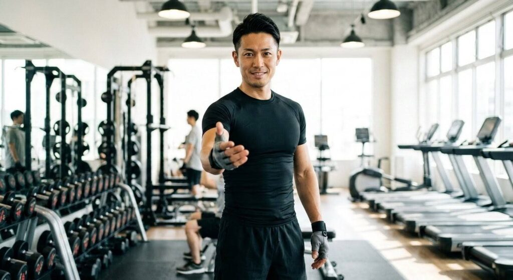 言い訳をせず行動することを促す現役トレーナーの力強い表情