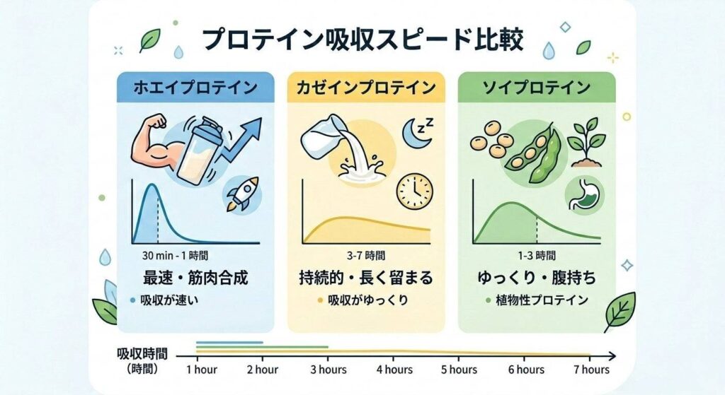 ホエイ・カゼイン・ソイプロテインの吸収スピード比較図