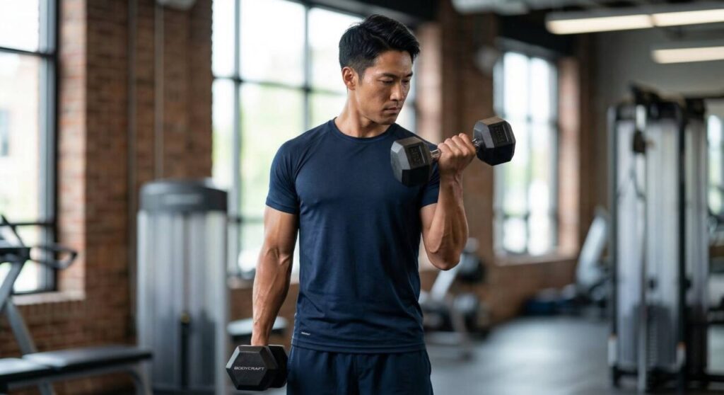 日本人男性がジムでアームカールマシンを使用している写真。肘をパッドに固定し、重りを肩に向かって持ち上げ、力こぶを意識している。