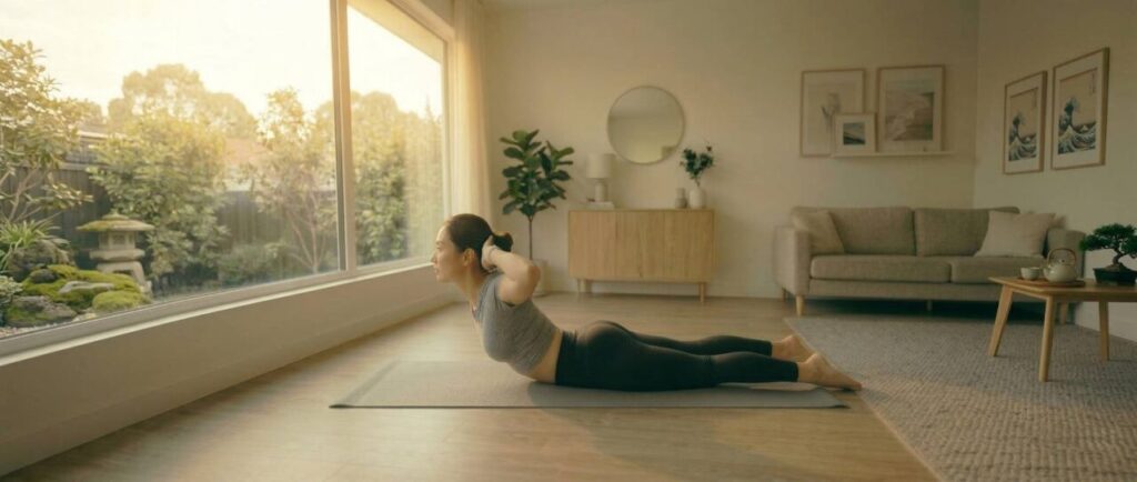 明るい自宅リビングのヨガマットの上で、アイキャッチ画像の日本人女性が正しいバックエクステンション（背筋）のフォーム（真横）を実演。うつ伏せで上体と脚を数センチ浮かせて静止しており、腰を安全に鍛える初心者向け解説画像。