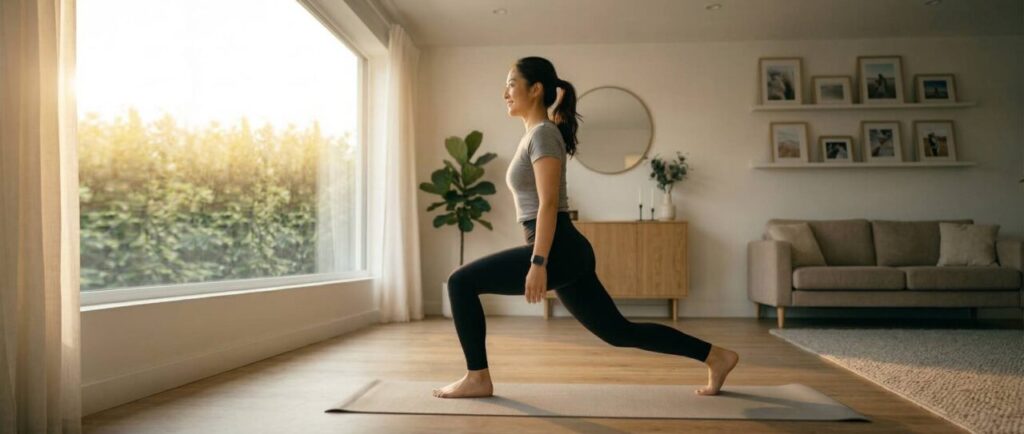 明るい自宅リビングで、アイキャッチ画像の日本人女性が正しいバックランジのフォーム（真横）を実演。画面いっぱいに全身が大きく大きく写っており、フォーム（前後の膝の角度、背筋）が一目で分かる。初心者向け解説。