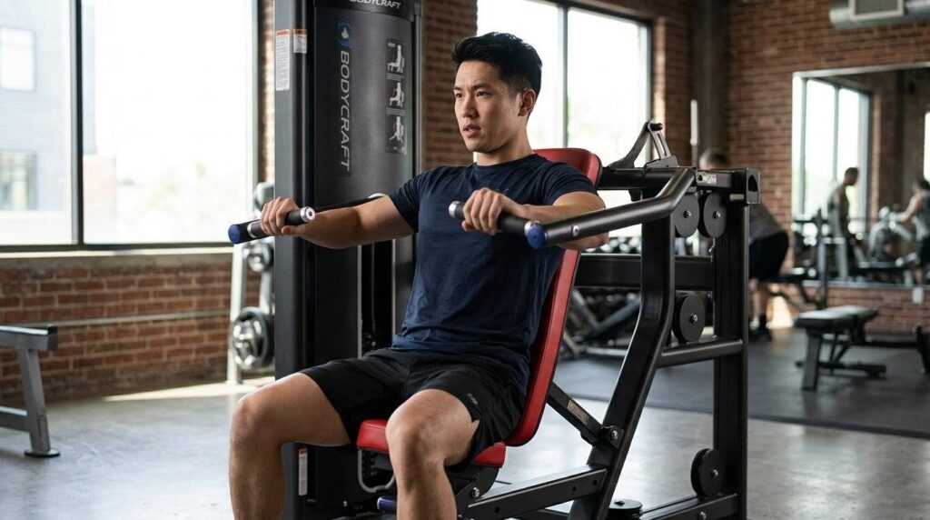 日本人男性が最新のジムでチェストプレスマシンを使用している写真。肩甲骨を寄せて胸を張り、ハンドルを前方に押し出している。