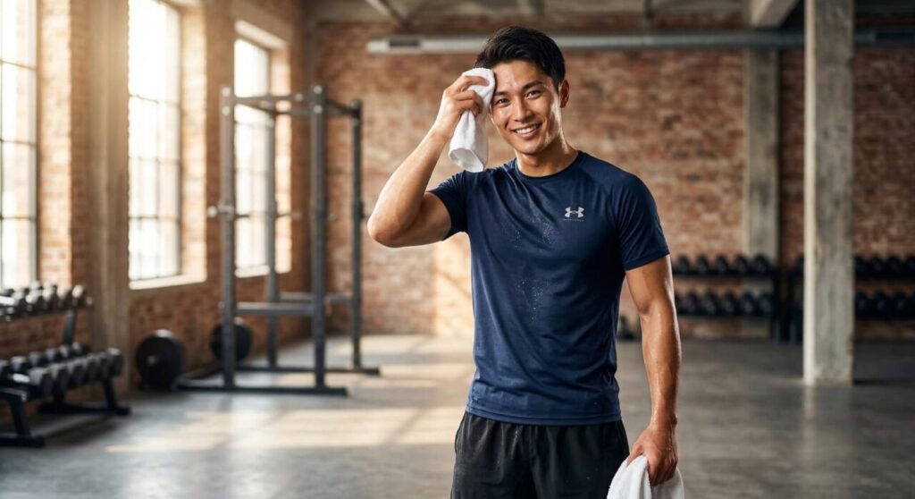 45分のジムトレーニングを終え、タオルで汗を拭いながら充実感と自信に満ちた笑顔を浮かべる日本人男性。