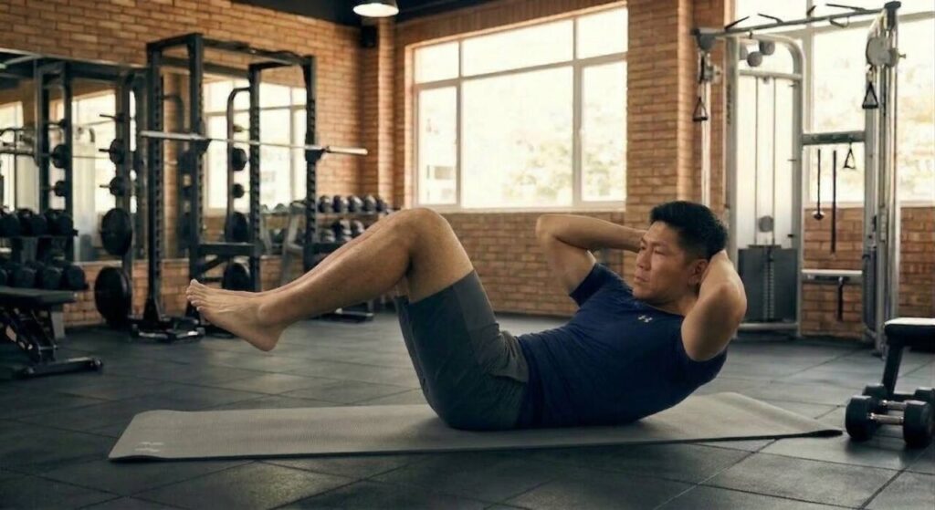 日本人男性がジムでクランチをしている写真。