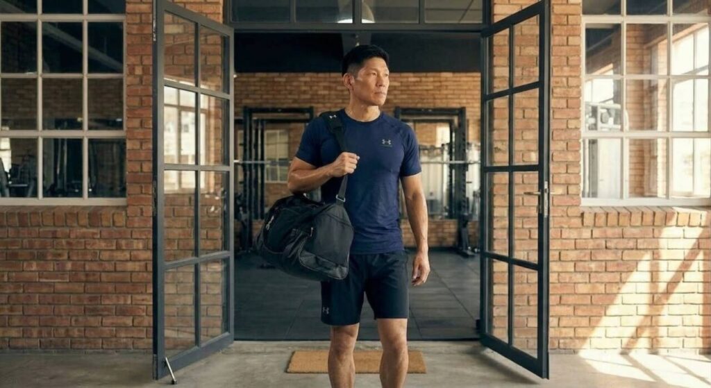 ジム用のバッグを肩にかけ、集中した表情でジムに足を踏み入れる日本人男性。