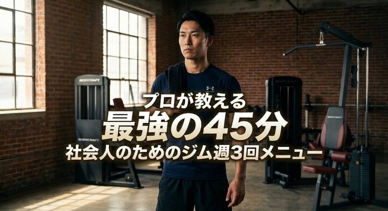 決意に満ちた表情でジムに立つ日本人男性と、「プロが教える 最強の45分 社会人のためのジム週3回メニュー」という力強い文字が配置されたアイキャッチ画像。