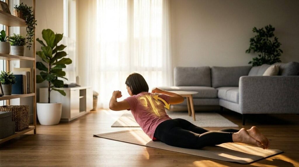 明るい自宅リビングで、正しいフォームのバックエクステンション・Wレイズ（斜め後ろ）を実演する日本人女性。肩甲骨を寄せ、背中全体と肩甲骨まわりのターゲット筋肉が強調された解説画像。