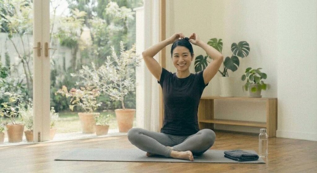 明るい自宅の部屋で、ヨガマットに座り笑顔で筋トレの準備をする日本人女性。