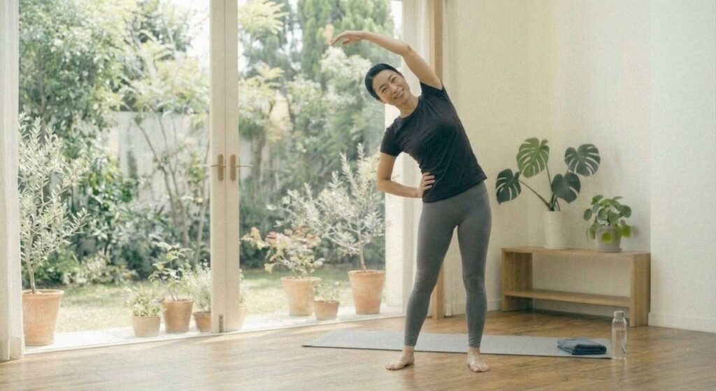 自宅のリビングで、特別な準備なしで手軽にストレッチから筋トレを始める日本人女性。