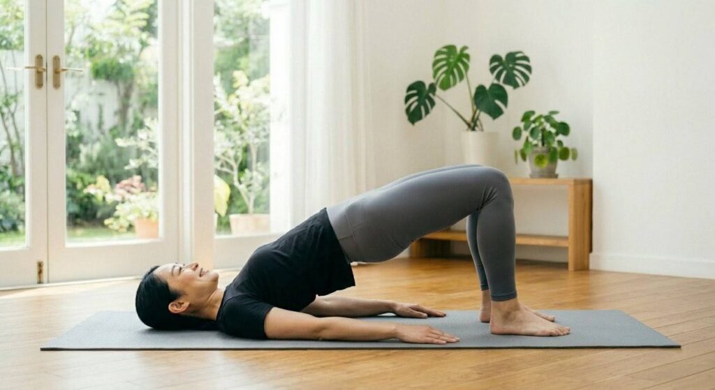 自宅で、ヨガマットの上で仰向けになりヒップリフトをする日本人女性。お尻を高く持ち上げ、肩から膝まで一直線になっている。