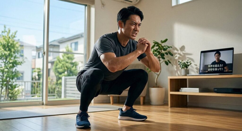 週2回の自宅筋トレ効果を最大化させる「限界まで出し切る」スクワットをしている男性