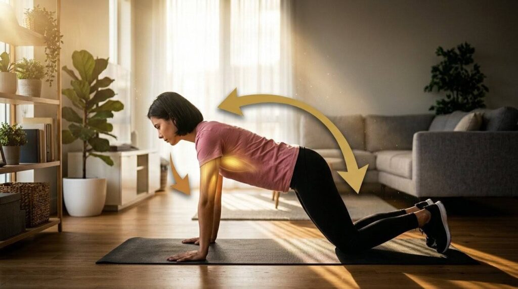 明るい自宅リビングで、正しいフォームの膝つきプッシュアップ（真横）を実演する日本人女性。体は一直線。胸と二の腕のターゲット筋肉が強調された 解説画像。