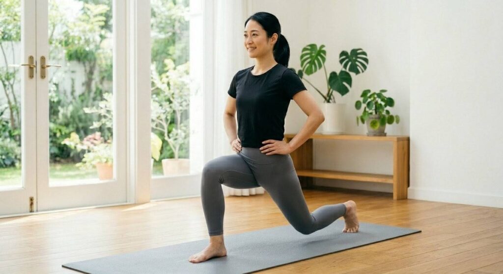 自宅の部屋で、右足を大きく前に踏み出して深いランジをする日本人女性。上半身を立てて真下に腰を落としている。