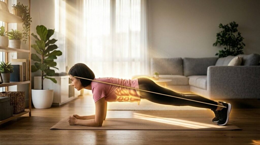 明るい自宅リビングで、正しいフォームのプランク（真横）を実演する日本人女性。一直線の姿勢。腹部と体幹のターゲット筋肉が強調された解説画像。
