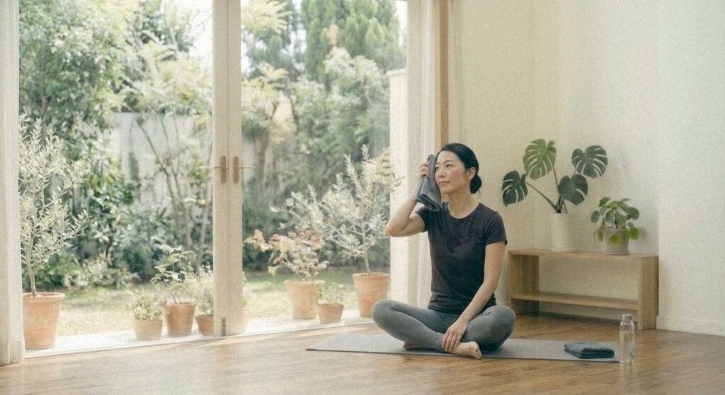 自宅での自重筋トレを終えて汗を拭いながら、次のステップ（負荷の追加）について考える日本人女性。