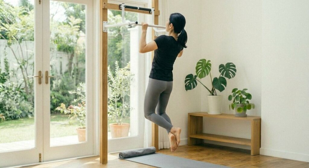自宅のドア枠に設置した懸垂バーで、上級者向けの懸垂をする日本人女性。胸をバーに近づけるように引き上げている。
