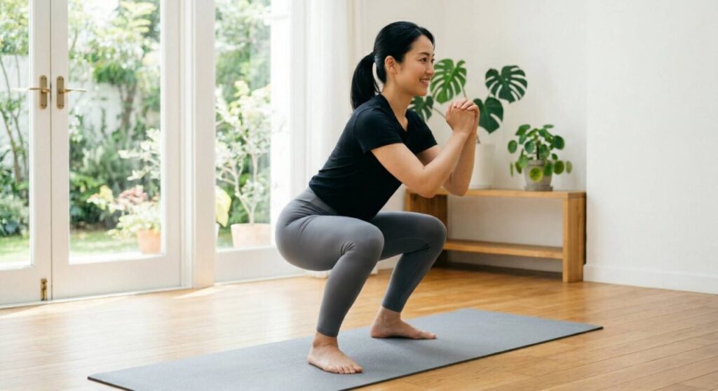 自宅の明るい部屋で、ヨガマットの上で正しいフォームでスクワットをする日本人女性。お尻を引いて太ももを床と平行に下げている。