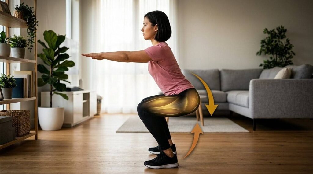 明るい自宅リビングで、正しいフォームの自重スクワット（真横）を実演する日本人女性。お尻を引く動きとターゲット筋肉（太もも、お尻）が強調された 解説画像。