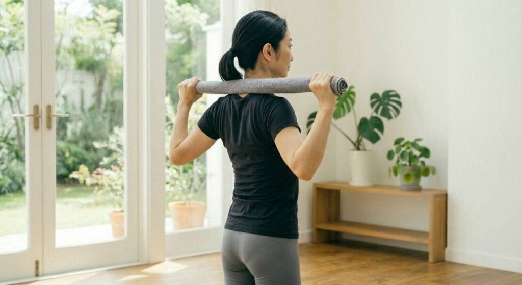 自宅の窓際で、タオルを使ってプルダウンをする日本人女性。タオルの両端を握り、鎖骨に向かって引き下ろして背中を鍛えている。