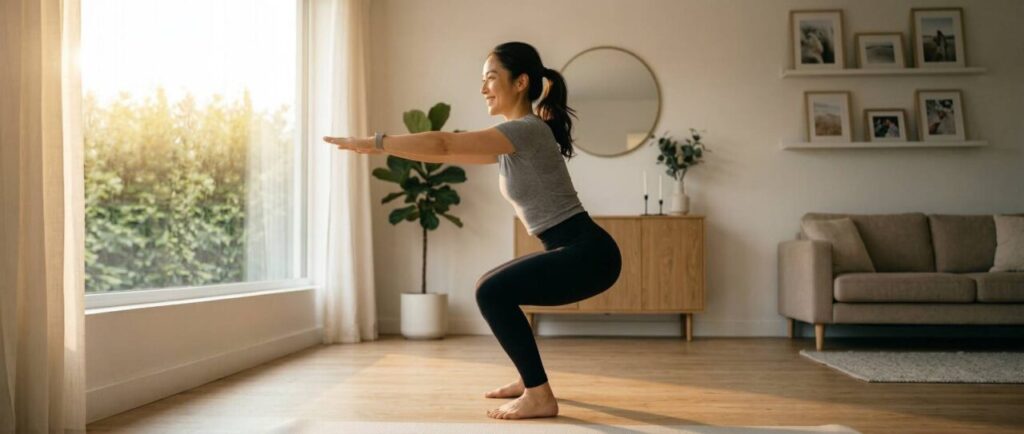 明るい自宅リビングで、アイキャッチ画像の日本人女性が正しい自重スクワットのフォーム（真横）を実演。画面いっぱいに全身が大きく大きく写っており、フォーム（背筋、膝の位置）が一目で分かる。初心者向け解説。