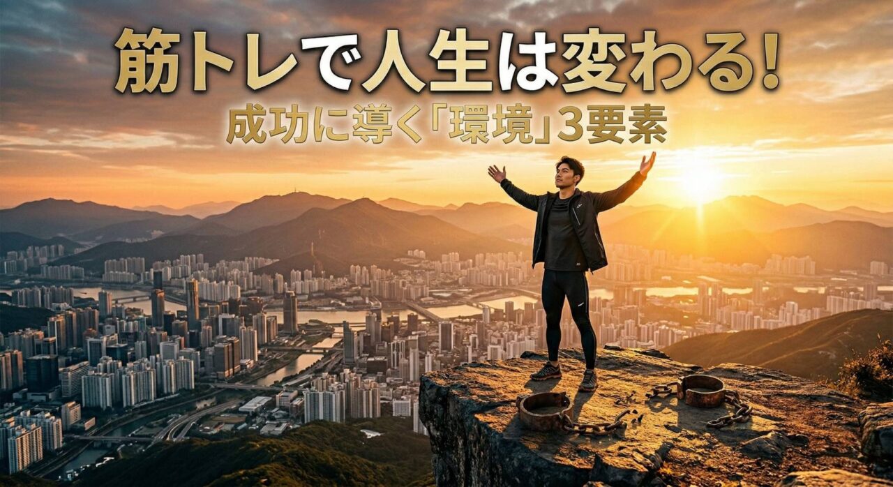 「筋トレで人生は変わる！」の文字と、都市を見下ろす崖に立つ解放された男性（足元に壊れた足かせ）。