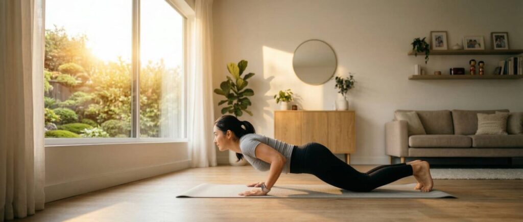 明るい自宅リビングで、アイキャッチ画像の日本人女性が正しいパイクプレスのフォーム（真横）を実演。お尻を高く上げた「くの字（逆Vの字）」の姿勢で、頭のてっぺんを手の間のマットすれすれまで下ろした「ボトムポジション」の状態。肩のトレーニング、初心者向け解説画像。