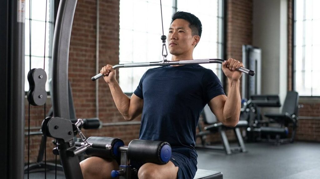 日本人男性がジムでラットプルダウンマシンを使用している写真。バーを鎖骨に向かって引き下げ、背中の筋肉を意識している。