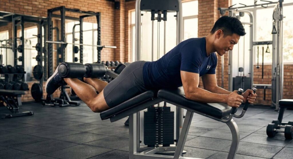 日本人男性がジムでシーテッドレッグカールマシンを使用している写真。マシンの回転軸と膝の位置を合わせ、かかとをお尻に向かって引いている。