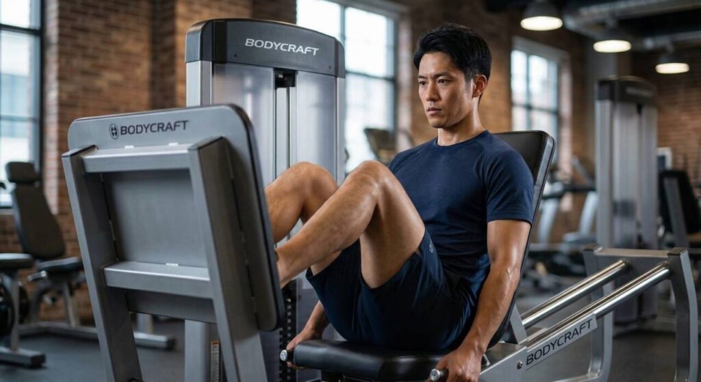 日本人男性がジムでレッグプレスマシンを使用している写真。お尻を深く密着させ、足の裏全体でプラットフォームを押し上げている。