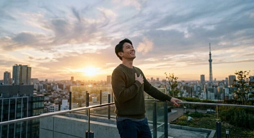 激務のストレスを手放し、心の余白を手に入れたことで晴れやかな表情を見せる男性のイメージ