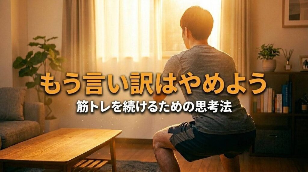「もう言い訳はやめよう 筋トレを続けるための思考法」と書かれた日本語テキストの入った画像。カーテンから朝日が差し込む部屋で、男性がスクワットをしている後ろ姿が写っている。