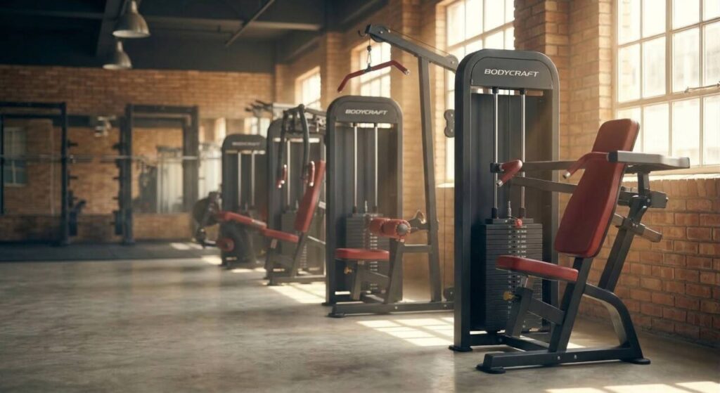 初心者でも安全にトレーニングができる、赤と黒のモダンな最新型ウェイトマシンが並ぶジムの風景。