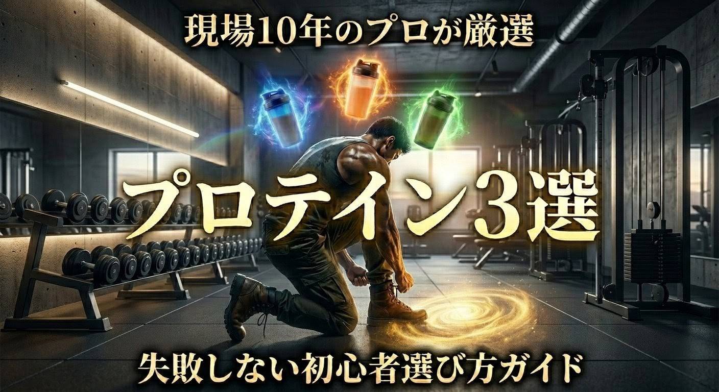 「現場10年のプロが厳選プロテイン3選失敗しない初心者選び方ガイド」の日本語テキストが配置された、筋肉質の男性が靴紐を結ぶ姿。背景には、燃えるプロテインシェーカーが吊り下げられている。