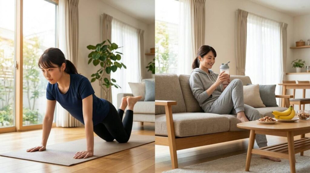 1枚の画像で、明るい自宅リビングにて、左側に集中した表情で正しいフォームの腕立て伏せ（オン）をする日本人女性、右側にソファでプロテインシェイカーを持ってリラックスする同じ女性（オフ）を描写。オンとオフのバランスを表現。