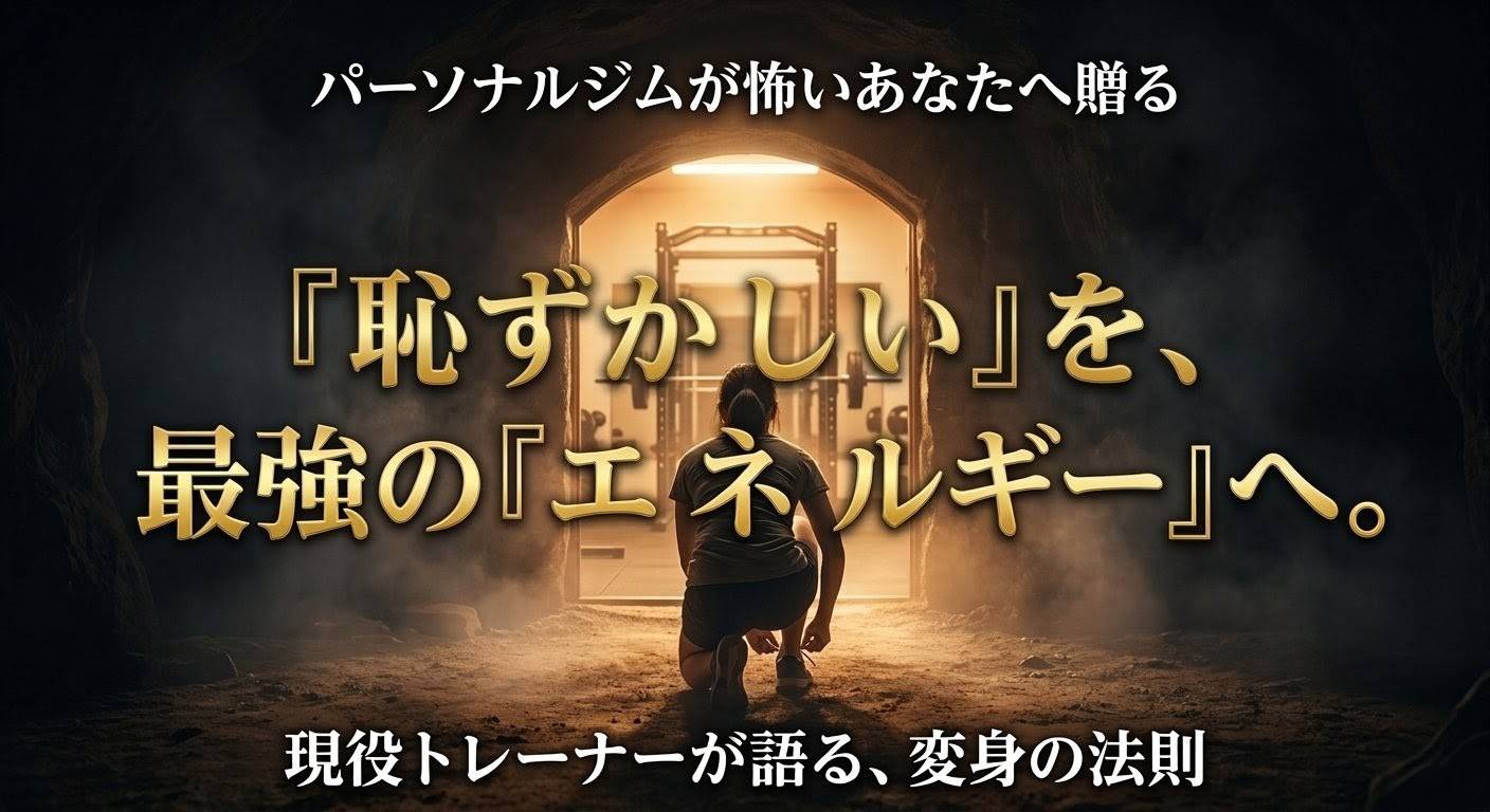 暗い洞窟の入り口から、光に満ちたパーソナルジムを見つめる女性の背中。画像には、上部に「パーソナルジムが怖いあなたへ贈る」、中央に金色の大きな文字で「『恥ずかしい』を、最強の『エネルギー』へ。」、下部に「現役トレーナーが語る、変身の法則」というテキストが掲載されています。