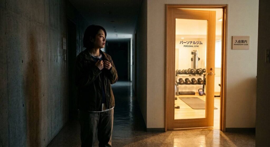 パーソナルジムの扉を前に不安を感じつつも、一歩踏み出そうとする初心者のイメージ。