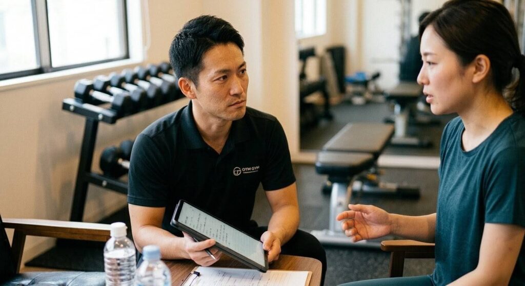 パーソナルジムのカウンセリングで、初心者のクライアントが抱える深い不安や悩みに真剣に耳を傾けるトレーナー。