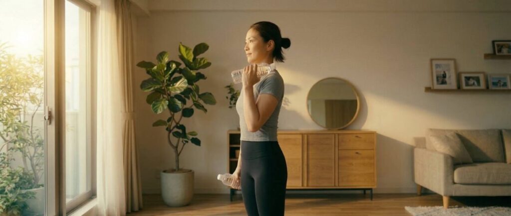 明るい自宅リビングで、アイキャッチ画像の日本人女性がペットボトルを使った正しいアームカールのフォーム（真横）を実演。片手のペットボトルを肩まで持ち上げ、手首を上向きに回転させ、ボトルの長軸を地面と平行（横向き）にして側面を向けている。肘を体側に固定し、背筋を伸ばした初心者向け解説画像.