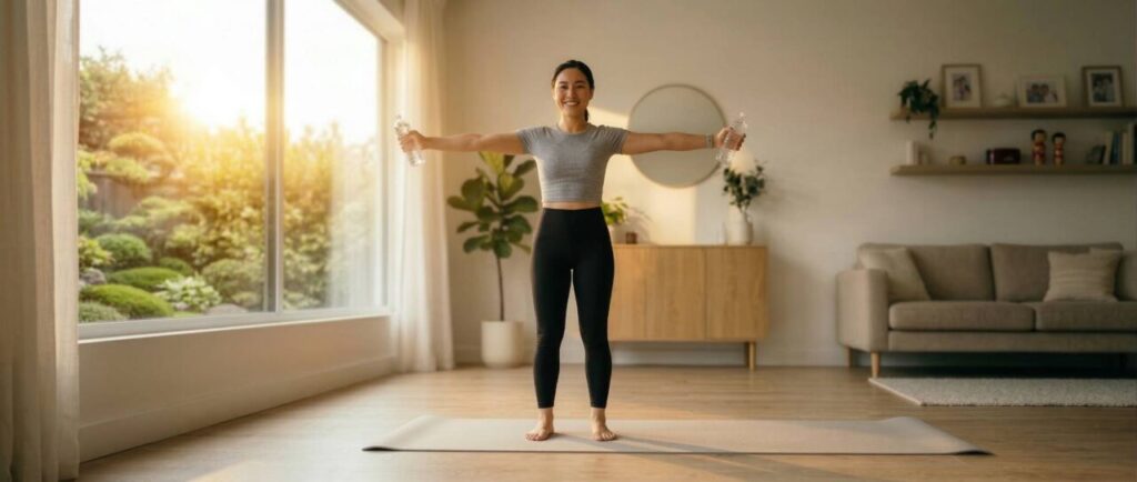 明るい自宅リビングで、アイキャッチ画像の日本人女性がペットボトルを使った正しいサイドレイズのフォーム（真横）を実演。両手のペットボトルを床と平行になるまで上げた「トップポジション」の状態。肩のトレーニング、初心者向け解説画像.