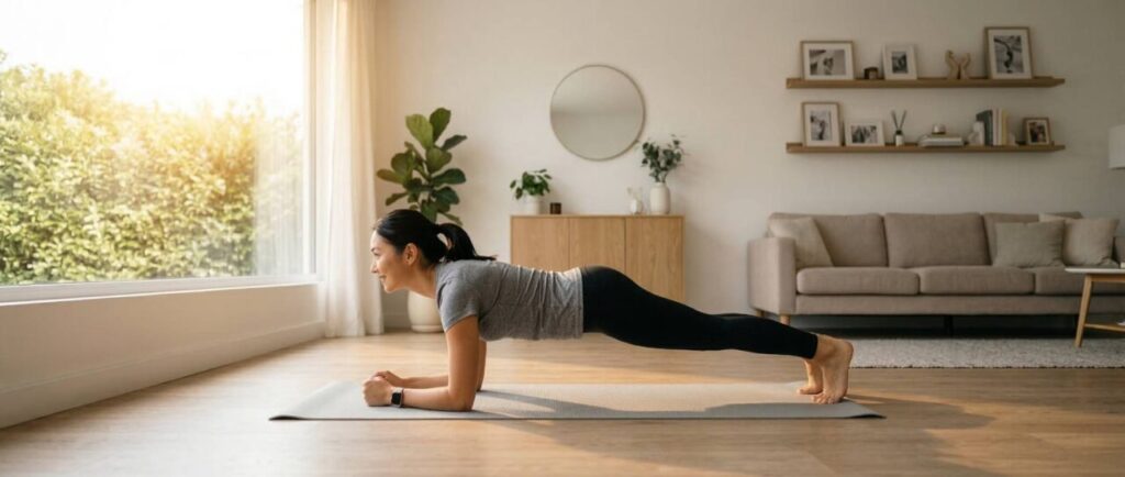 明るい自宅リビングで、アイキャッチ画像の日本人女性が正しいプランクのフォーム（真横）を実演。画面いっぱいに全身が大きく大きく写っており、一直線の姿勢（頭から踵まで）がわかりやすい初心者向け解説。