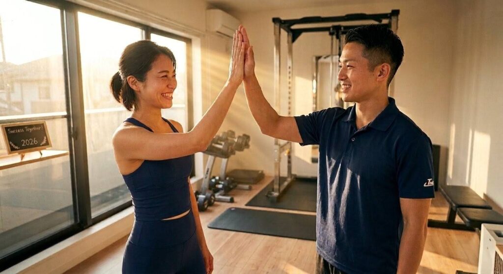 劇的な変化を遂げたクライアントと、その成功を我がことのように誇らしく思い、笑顔でハイタッチを交わすパーソナルトレーナー。
