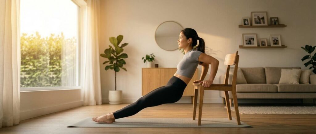 明るい自宅リビングで、アイキャッチ画像の日本人女性が椅子を使った正しいリバースプッシュアップのフォーム（真横）を実演。肘を90度に曲げ、お尻を下げた「ボトムポジション」の状態。背筋を伸ばし、二の腕を引き締める初心者向け解説画像.