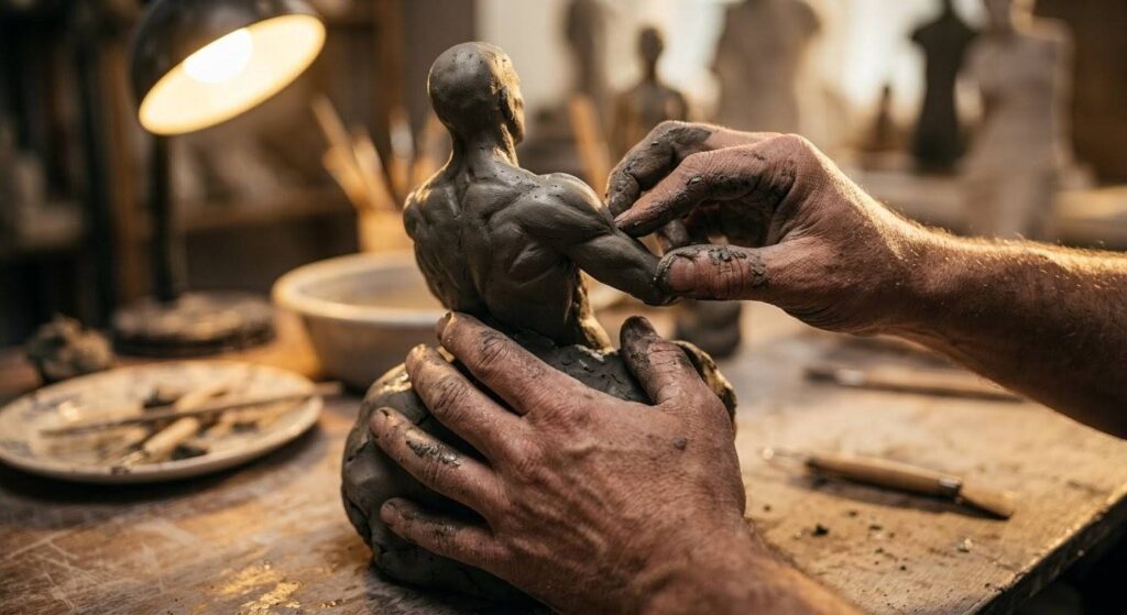 身体を「素材」として捉え、最高の結果を引き出そうとするプロの視点を表す彫刻のイメージ。