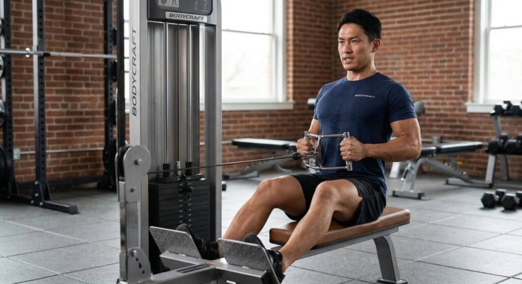 日本人男性がジムでシーテッドロウマシンを使用している写真。ハンドルを腹部に向かって引き、背中を真っ直ぐに保っている。