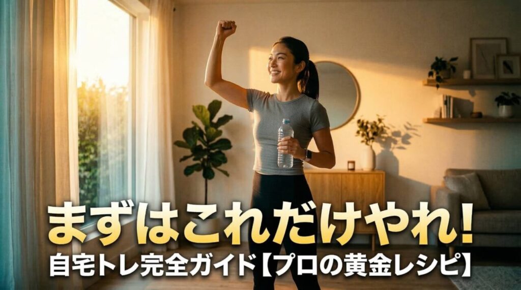 明るい自宅リビングでペットボトルを持って笑顔で未来を見つめる日本人女性。画像には特大文字で「まずはこれだけやれ！」、その下に「自宅トレ完全ガイド【プロの黄金レシピ】」と書かれた、筋トレ初心者向け1週間メニュー記事のアイキャッチ画像。